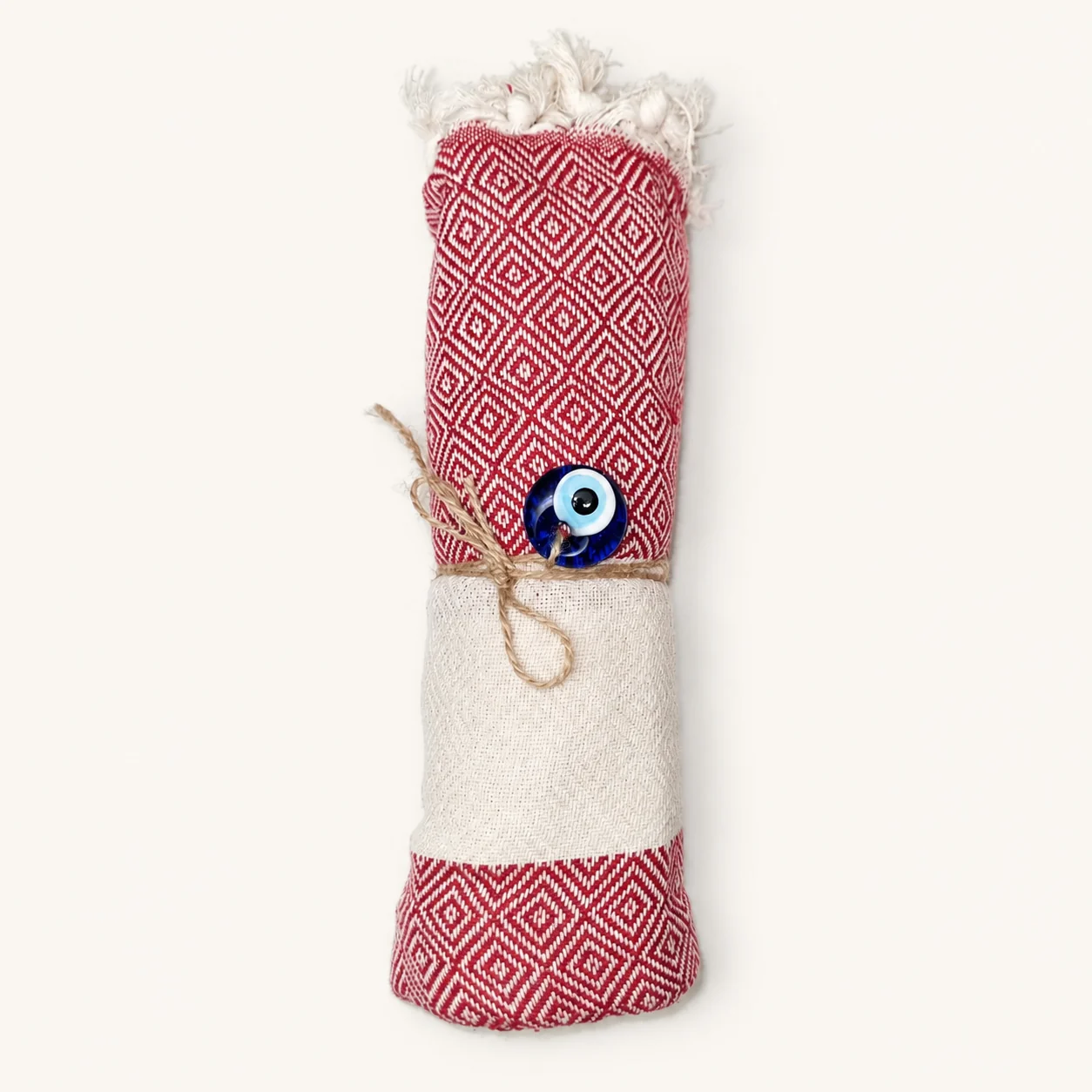 Rouge de Nabeul fouta in deep red & natural ecru with a diamond weave and central band