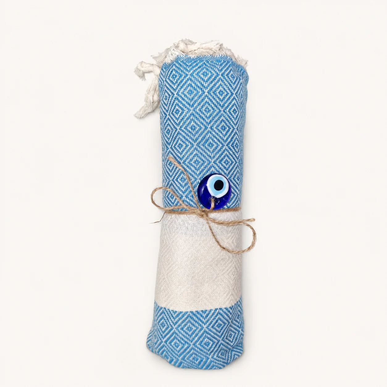 Ciel de Monastir fouta in sky blue & natural ecru with a diamond weave and central band