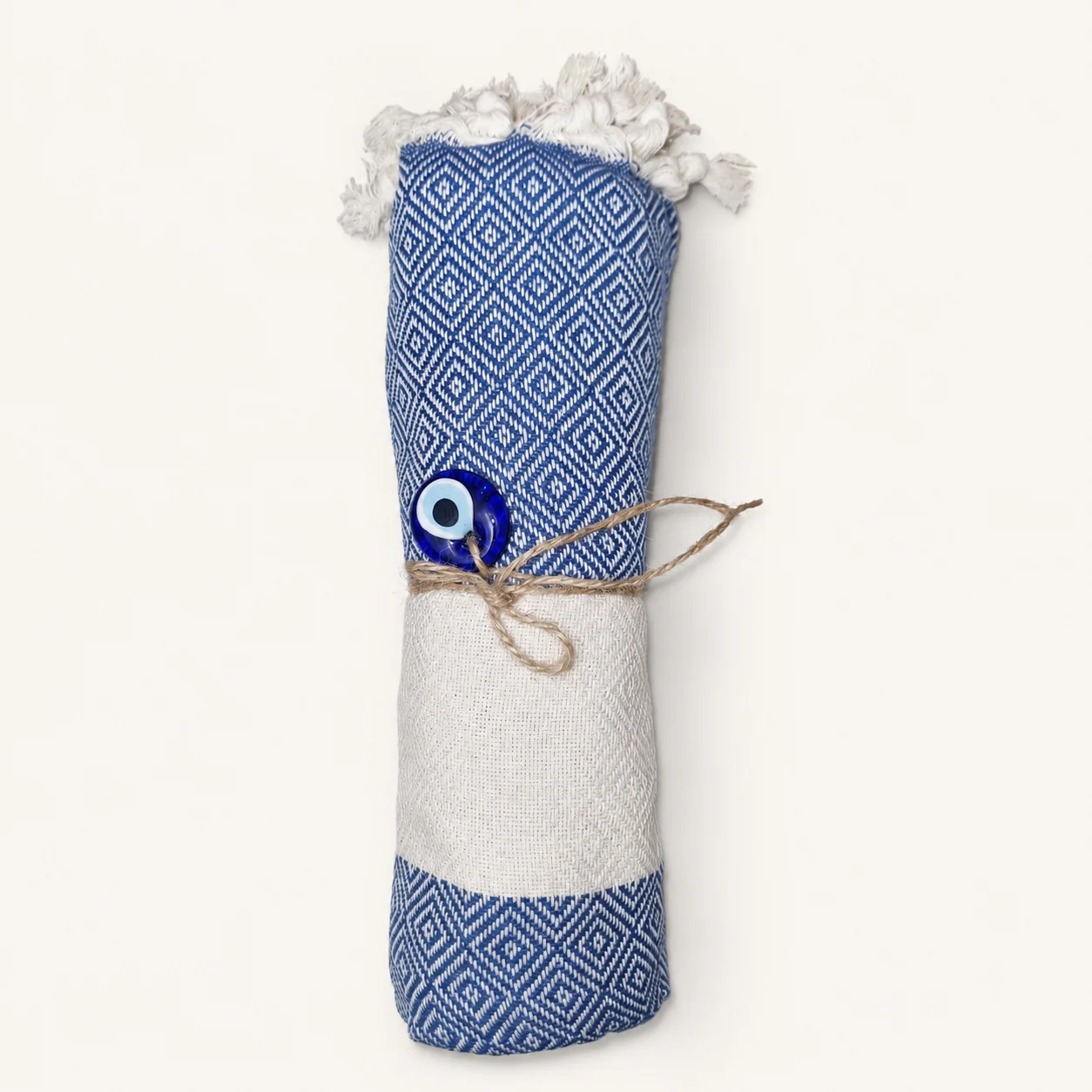 Bleu de Bizerte fouta in royal blue & natural ecru with a diamond weave and central band